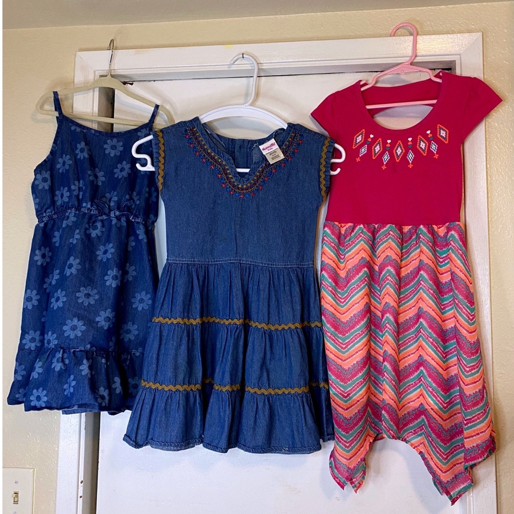 Girls Summer Dress Lot 3pc Kids Denim Floral Chevron Dress Girls Size 6X
